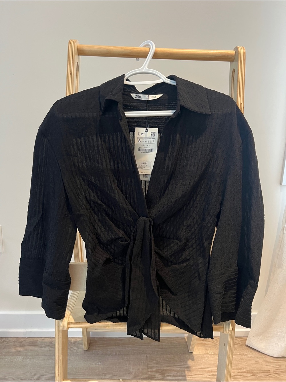 ZARA Black Tie-Front Button Down Blouse